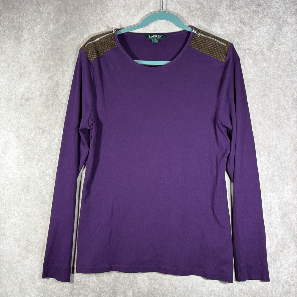 Lauren Ralph Lauren Top Women XL Purple Faux Suede Shoulder Ribbed Long Sleeve